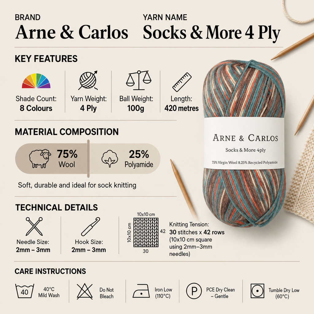 Arne & Carlos Socks & More 4 Ply Yarn - 100g, Wool & Polyamide Blend Self-Patterning Sustainable Knitting Wool for Crochet Socks, Accessories & Shawls