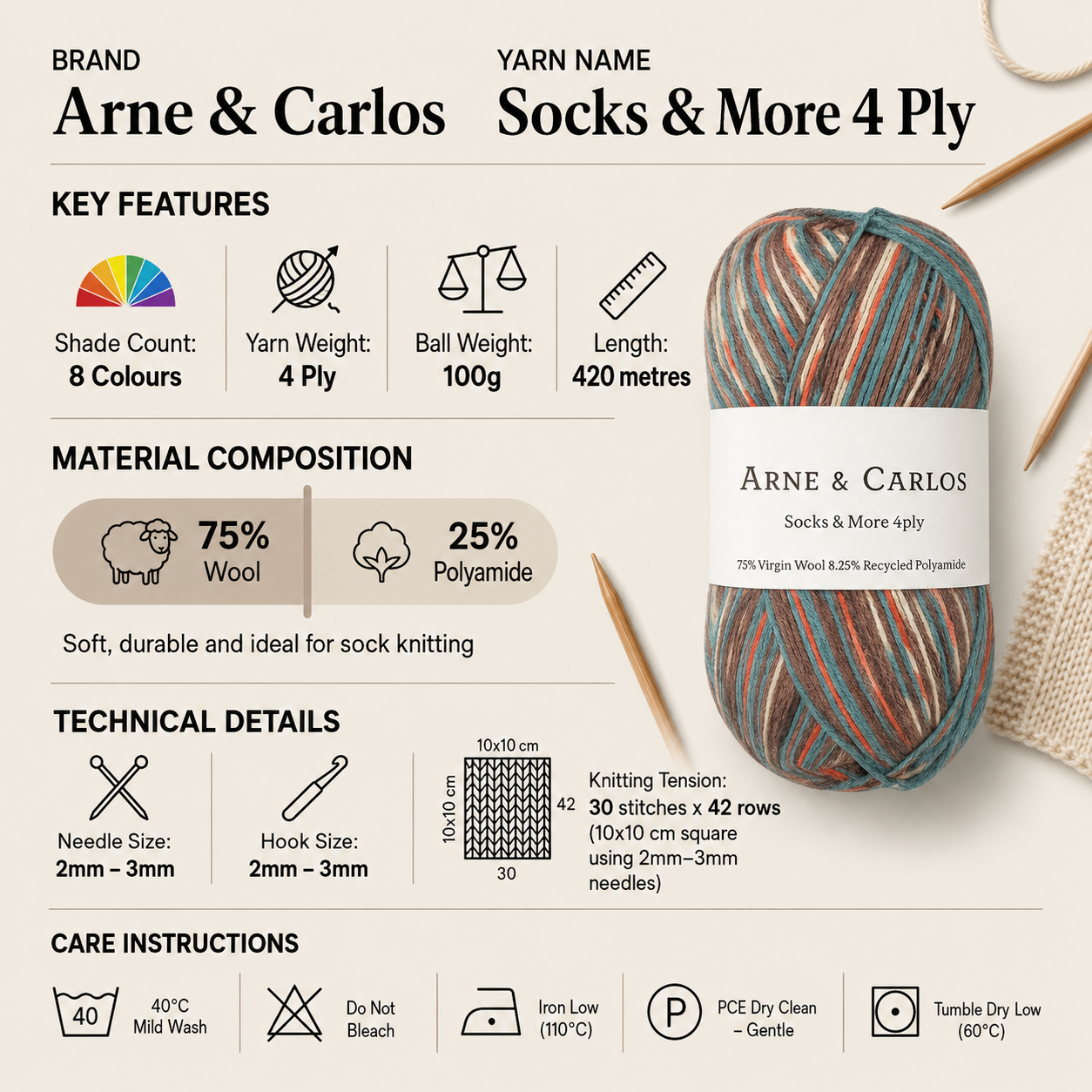 Arne & Carlos Socks & More 4 Ply Yarn - 100g, Wool & Polyamide Blend Self-Patterning Sustainable Knitting Wool for Crochet Socks, Accessories & Shawls