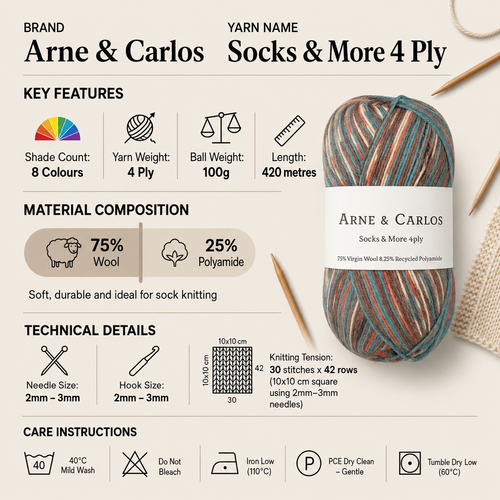 Arne & Carlos Socks & More 4 Ply Yarn - 100g, Wool & Polyamide Blend Self-Patterning Sustainable Knitting Wool for Crochet Socks, Accessories & Shawls