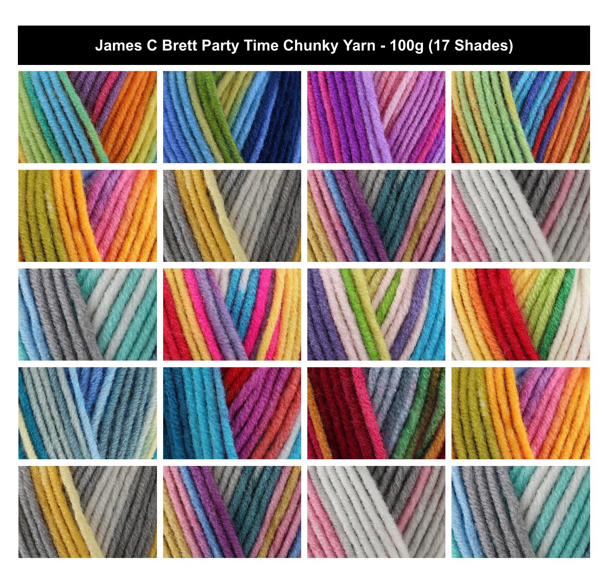 James C Brett Party Time Chunky Yarn - 100g, 100% Acrylic Self-Striping Crochet Knitting Wool for Sweaters, Cardigans, Blankets & Hats