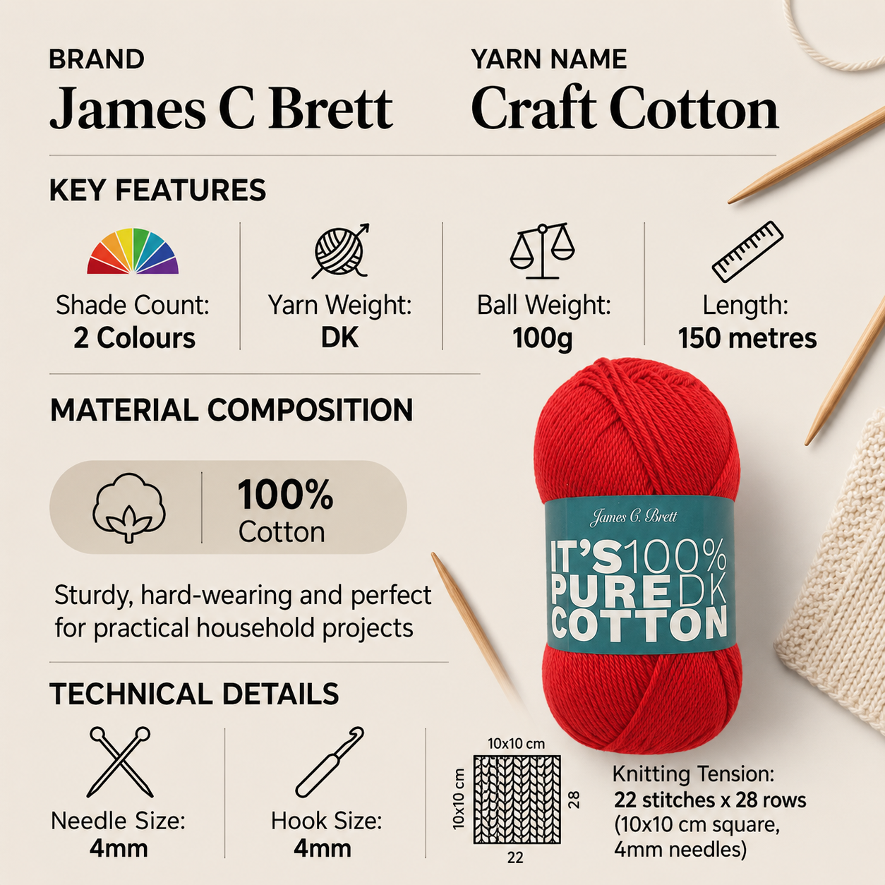 James C Brett Craft Cotton DK Crochet Yarn - 100g, 100% Cotton Double Knitting Yarn for Dishcloths, Mats & Home Accessories