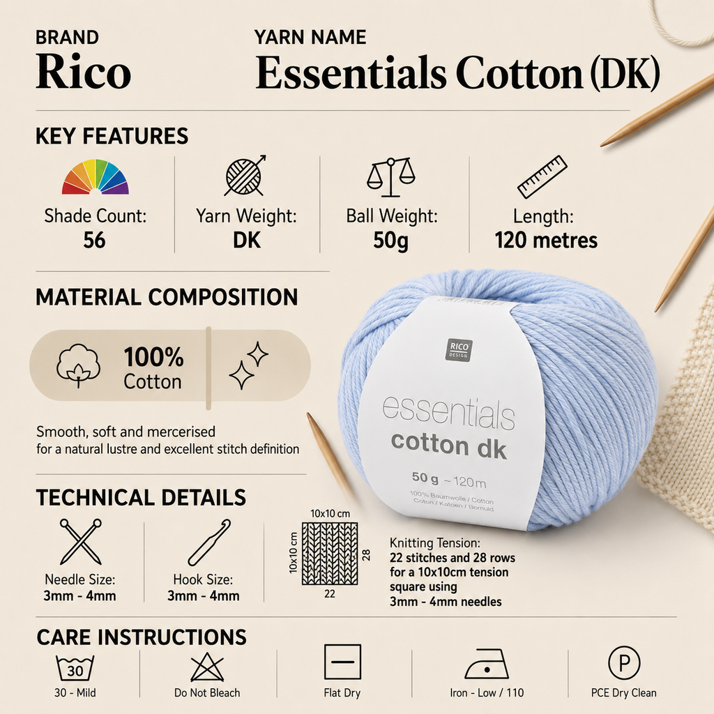 Rico Essentials Cotton DK Yarn - 50G, 100% Mercerised Cotton Soft Lightweight Double Knitting Crochet Yarn for Summer Tops, Cardigans & Jumpers