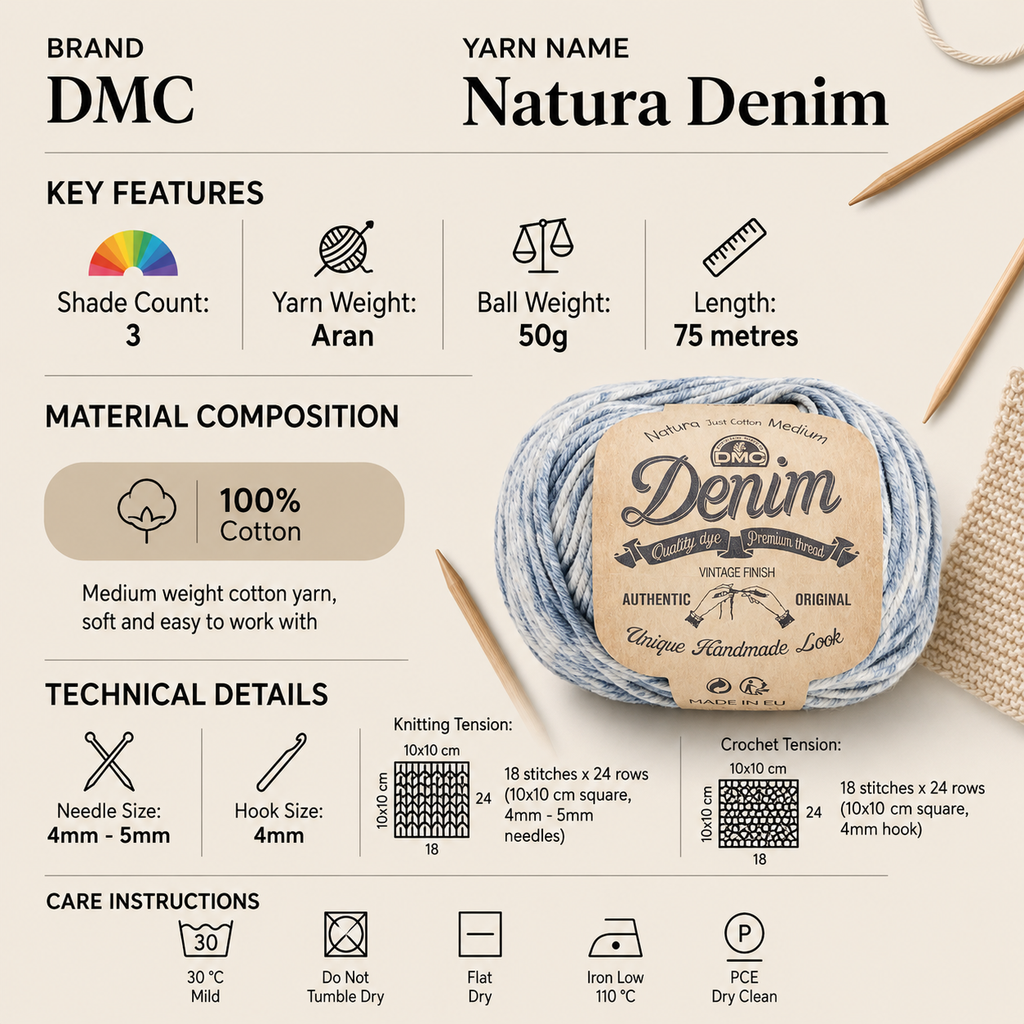 DMC Natura Denim Aran Weight Crochet Yarn - 50g, 100% Cotton Medium Weight Dark to Light Faded Effect Knitting Yarn for for Garments, Accessories & Home Décor