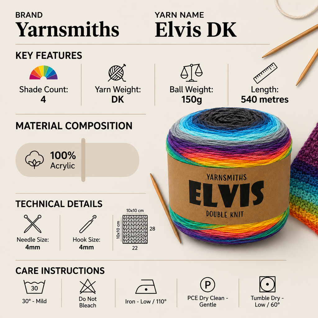 Yarnsmiths Elvis DK Yarn for Crochet & Knitting - 150g, Luxury 100% Acrylic Gradient Self-Striping Double Knit Wool Yarn Cake for Sweaters, Blankets & Afghans