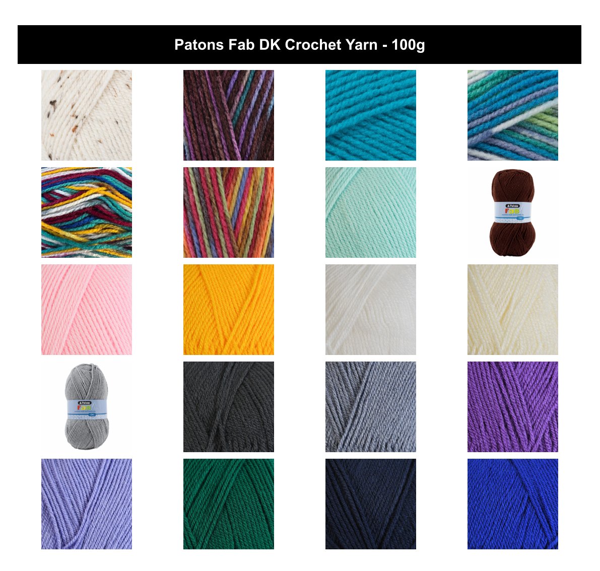Patons Fab DK Crochet Yarn - 100g, Soft Acrylic Double Knit Yarn for Knitting and Crochet, Ideal for Garments, Blankets & Crafts