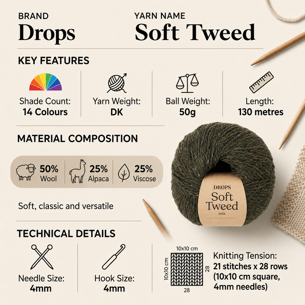 Drops Soft Tweed DK Crochet Yarn - 50g, Merino Wool, Alpaca & Viscos Blend Soft Rustic Double Knitting Wool for Cardigans, Scarves & Everyday Accessories