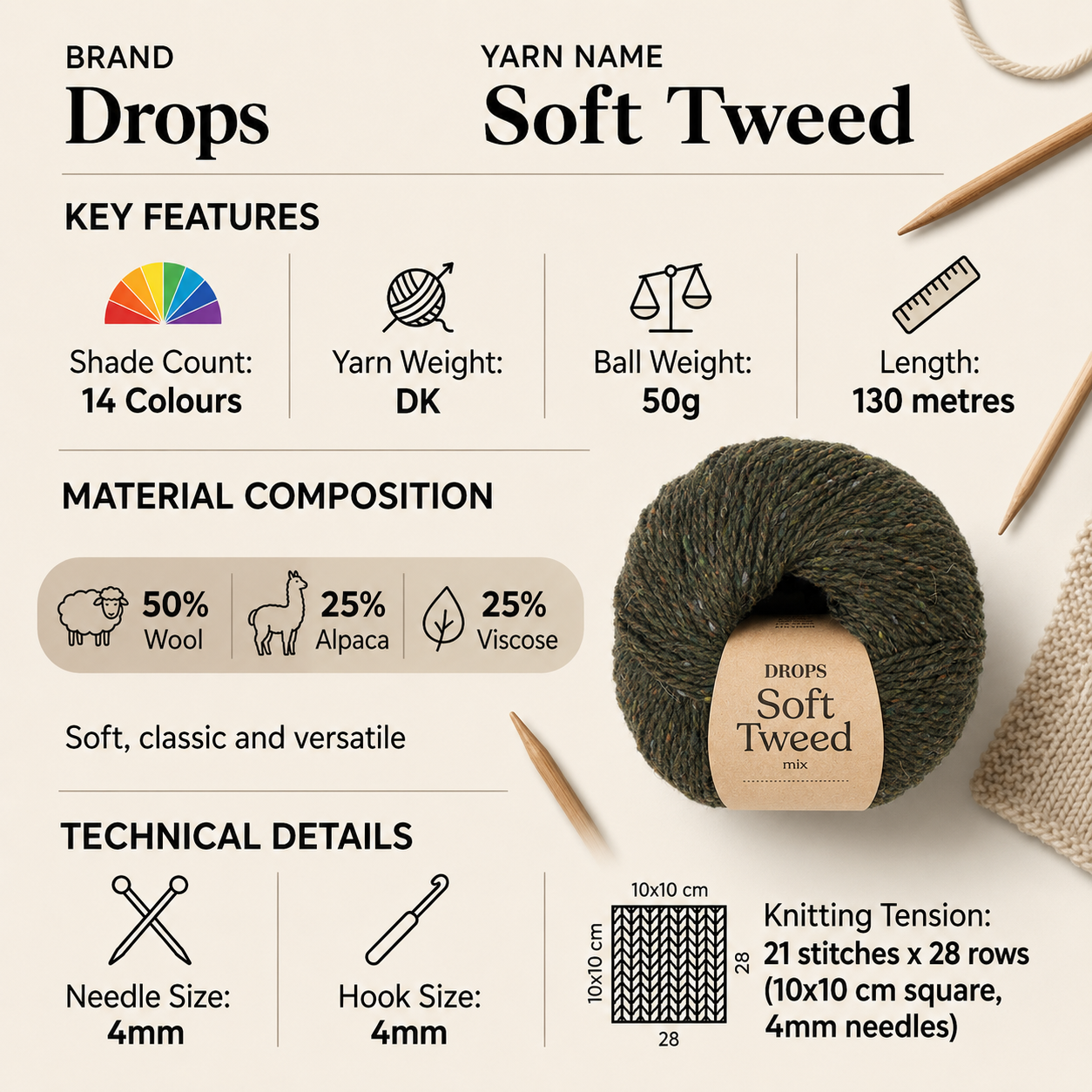Drops Soft Tweed DK Crochet Yarn - 50g, Merino Wool, Alpaca & Viscos Blend Soft Rustic Double Knitting Wool for Cardigans, Scarves & Everyday Accessories