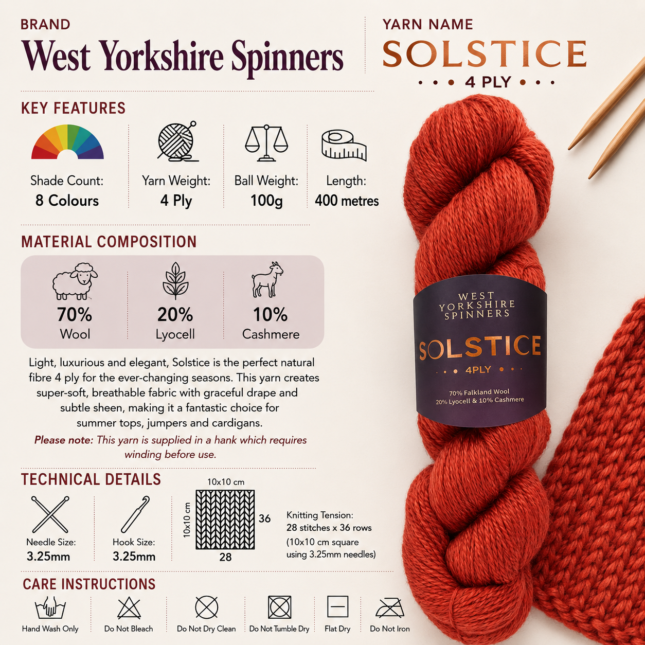 West Yorkshire Spinners Solstice 4 Ply Yarn - 100g, Luxury Lyocell Wool Cashmere Blend Soft Lightweight Knitting Crochet Yarn for Summer Tops, Jumpers & Cardigans