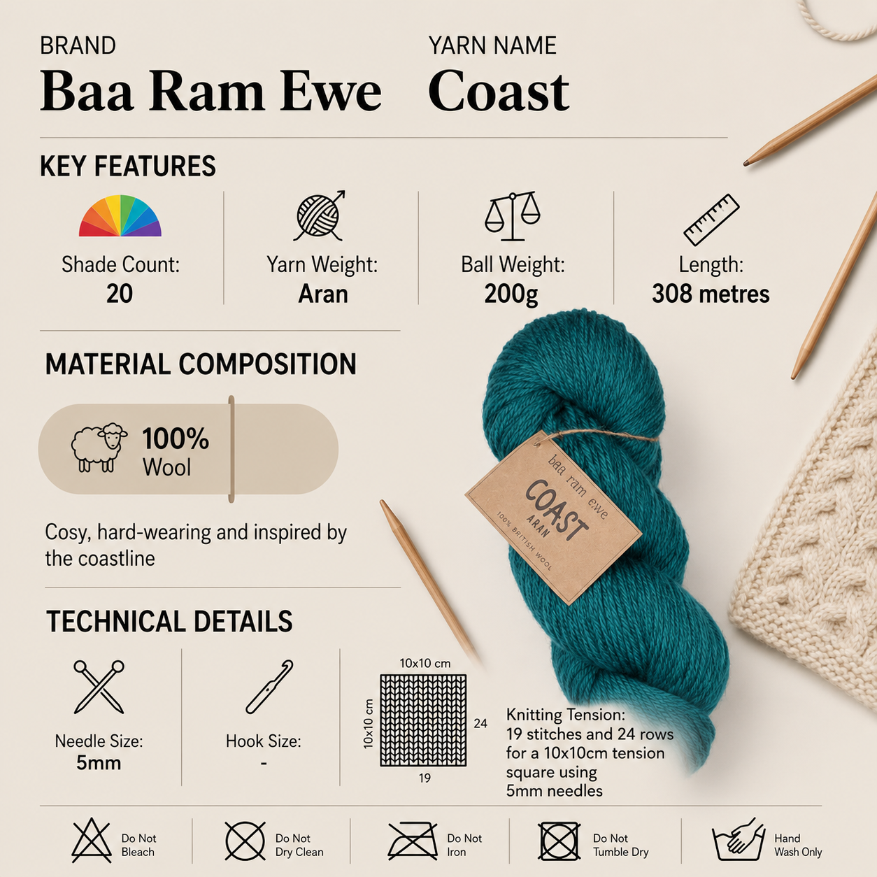 Baa Ram Ewe Coast Aran Wright Crochet Yarn - 200g, 100% Wool Fishermen & Coastline Inspired Knitting Yarn for Cable Sweaters, Hard-Wearing Garments & Accessories