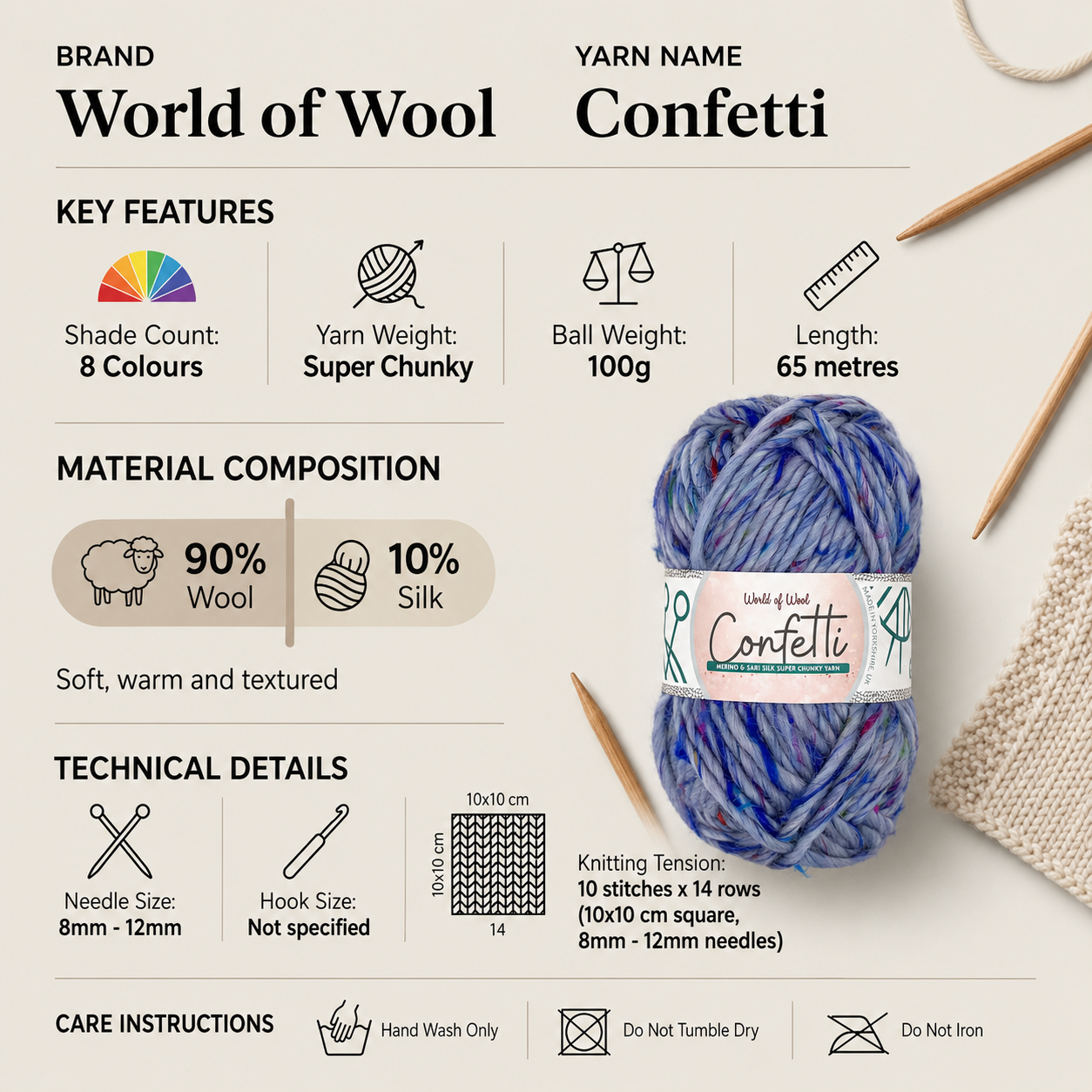 World of Wool Confetti Super Chunky Yarn - 100g, Wool Silk Blend Soft Colorful Tweedy Flecked Thick Crochet Knitting Wool Yarn for Winter Garments & Accessories