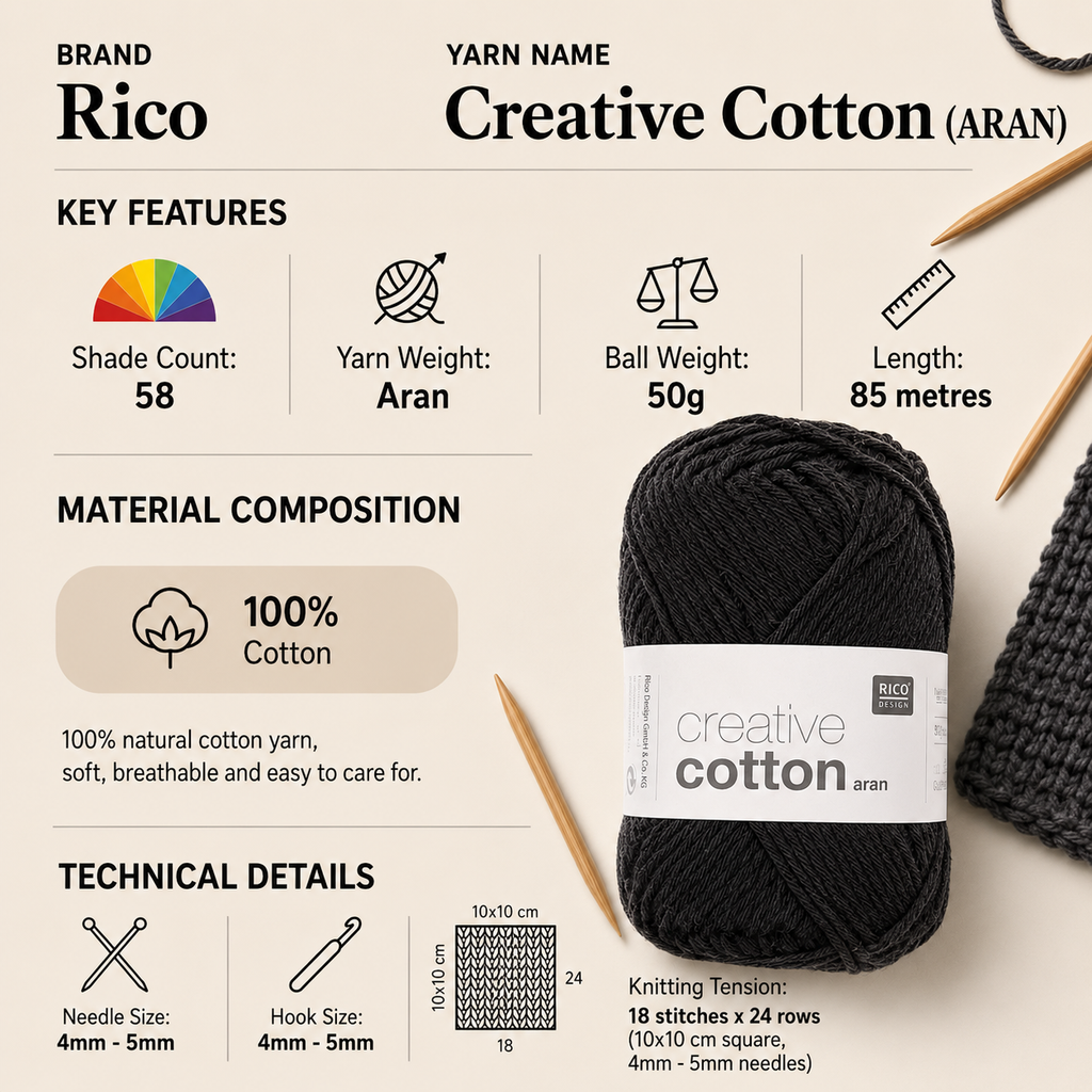 Rico Creative Cotton Aran Crochet Yarn - 50G, 100% Natural Cotton Anti-Splitting Soft Knitting Wool for Amigurumi, Cushions, Kitchen & Dining Accessories