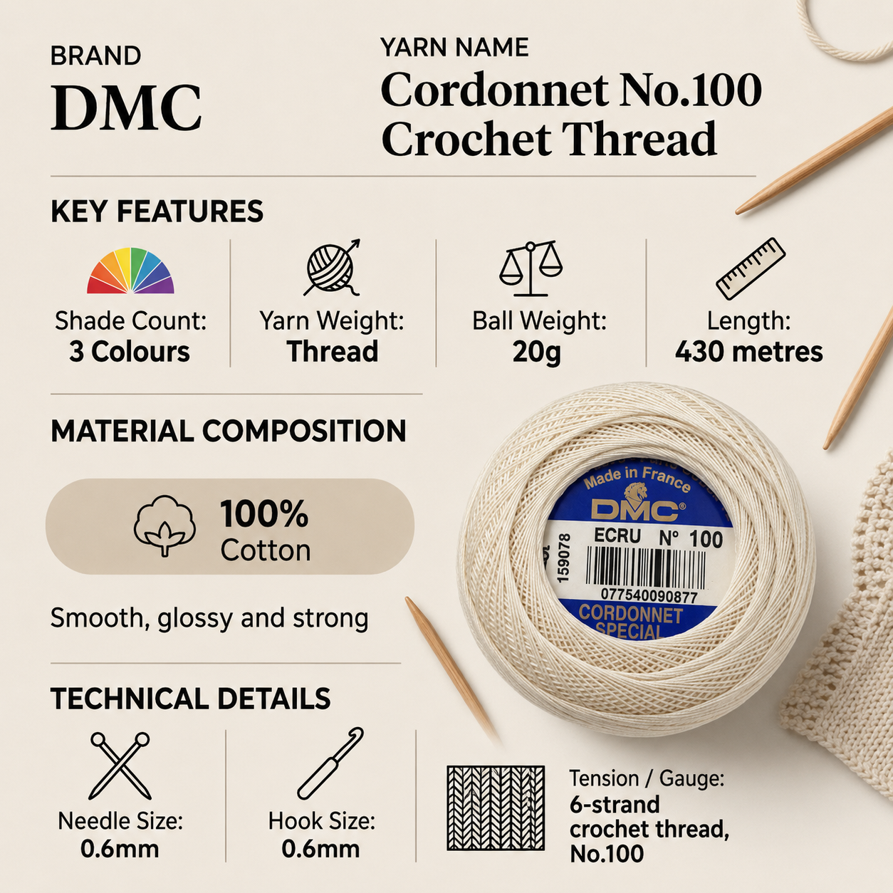 DMC Cordonnet No.100 Crochet Thread Yarn - 20g, 100% Double Mercerised Cotton, 6-Ply High-Gloss Strong Crochet & Knitting Thread for Lacework, Doilies & Crafts