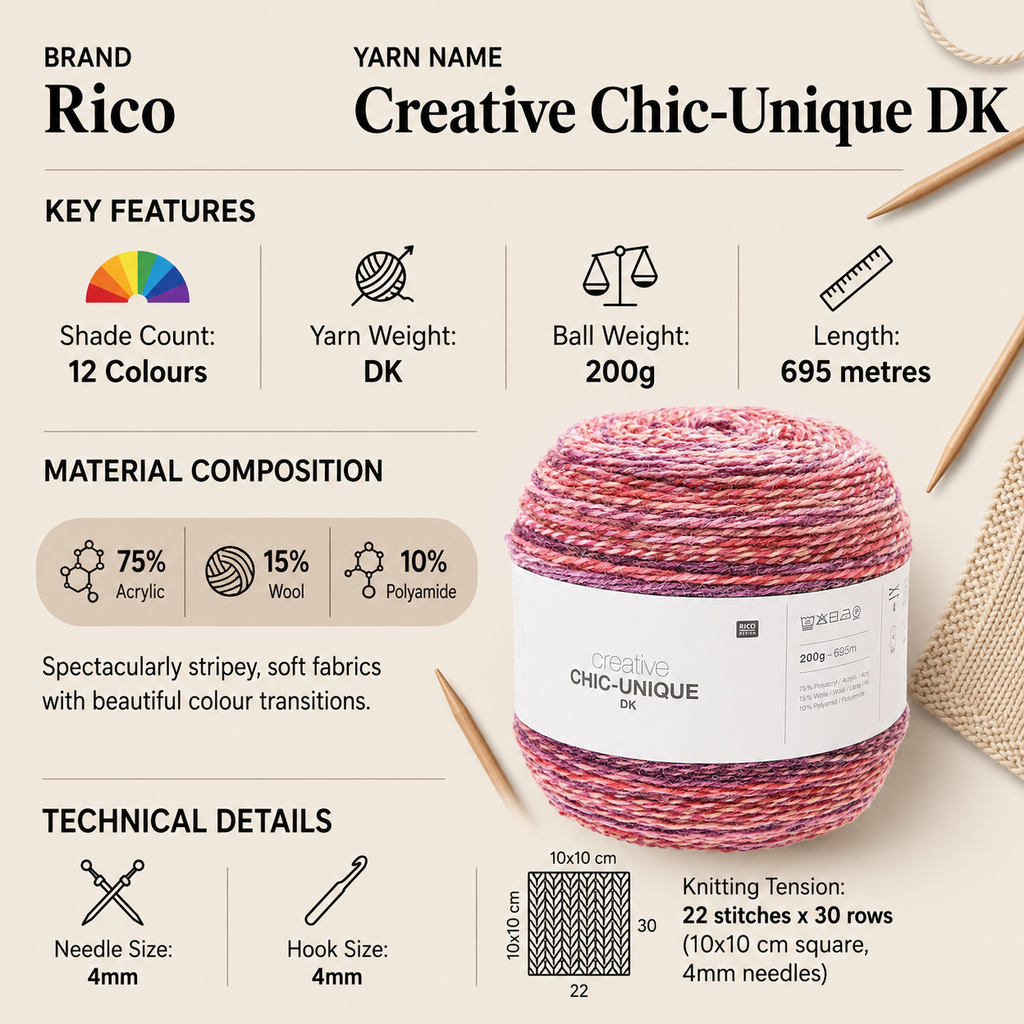Rico Creative Chic-Unique DK Cake Yarn - 200G, Luxury Acrylic Wool Blend Self-Striping Gradient Double Knitting Crochet Yarn for Cardigans, Garments & Headwear