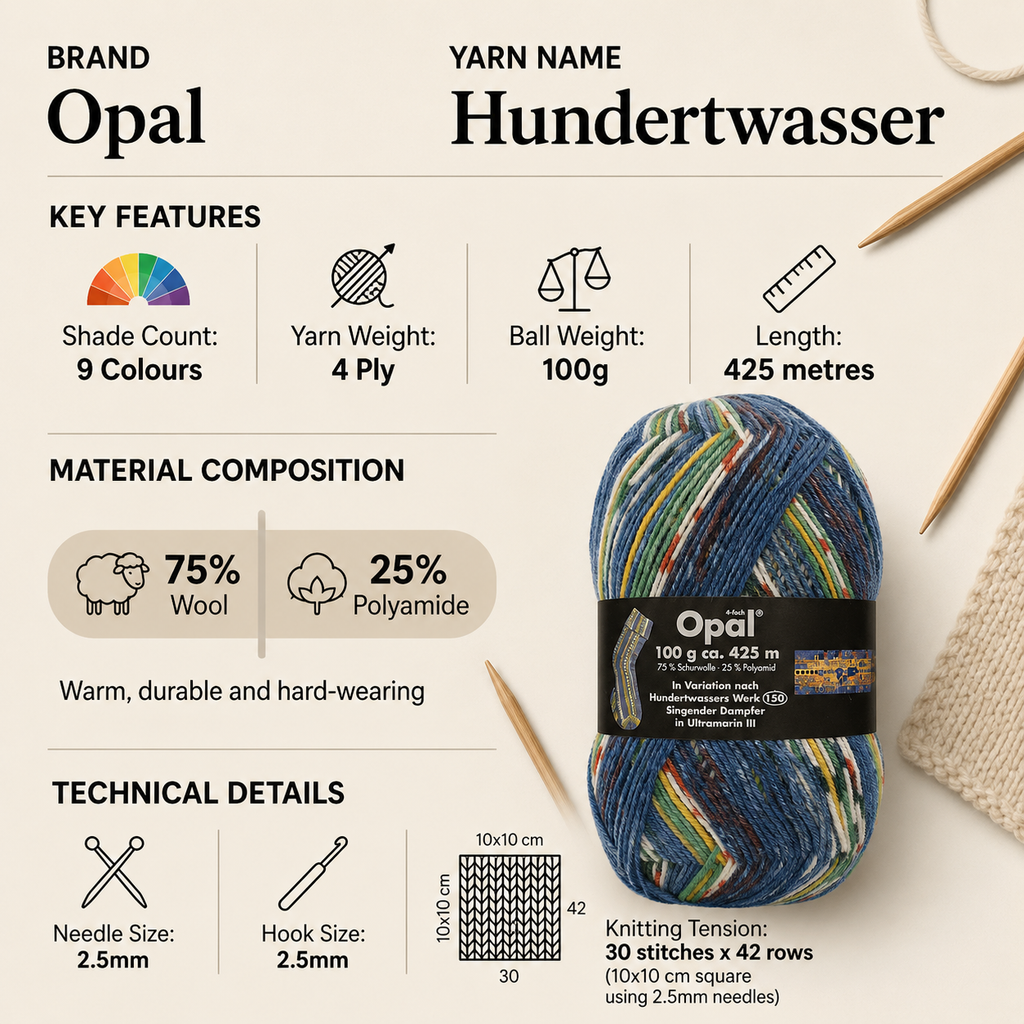 Opal Hundertwasser 4 Ply Yarn - 100g, Wool Polyamide Blend Durable Self-Patterning Crochet & Knitting Sock Yarn for Colourful Socks & Accessories