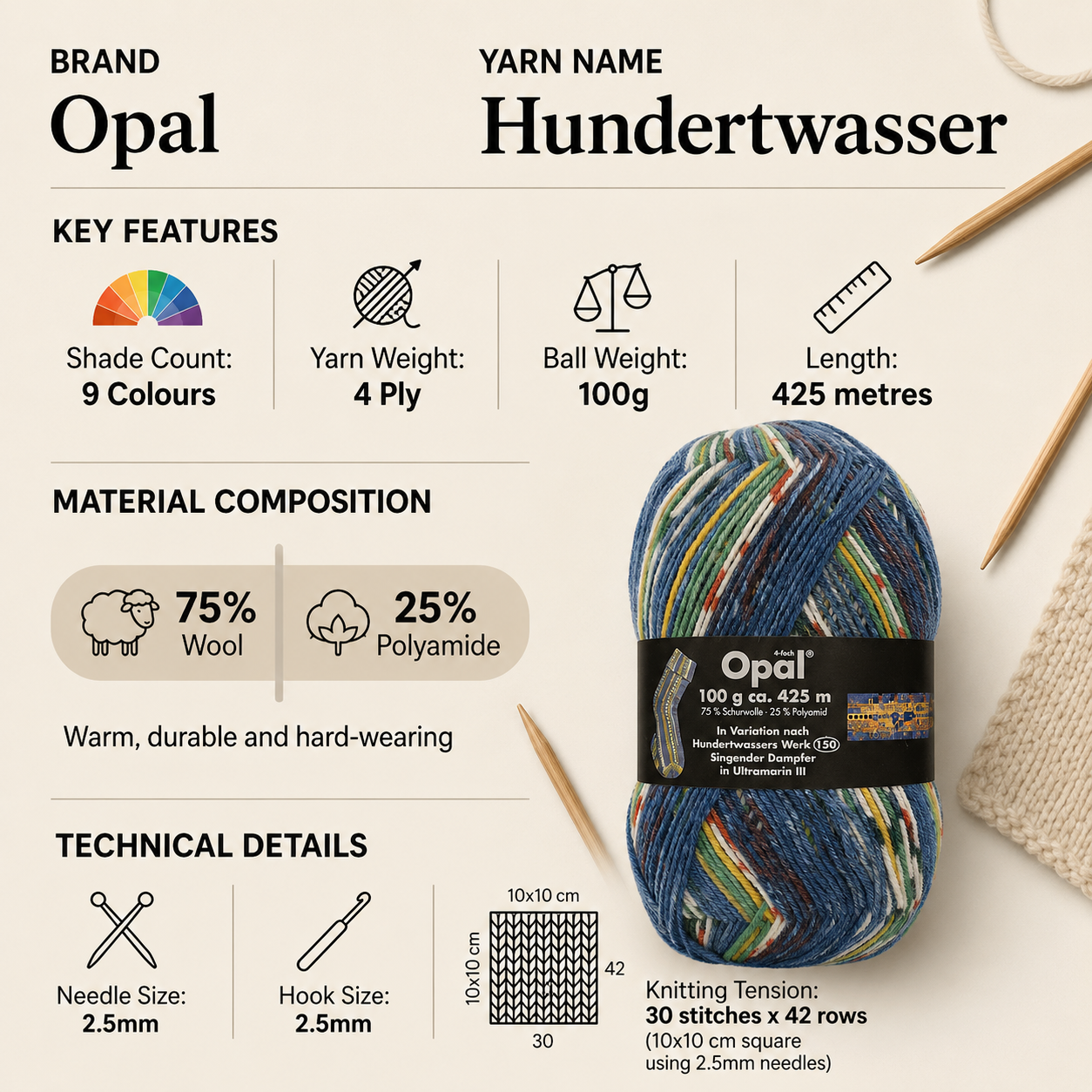 Opal Hundertwasser 4 Ply Yarn - 100g, Wool Polyamide Blend Durable Self-Patterning Crochet & Knitting Sock Yarn for Colourful Socks & Accessories