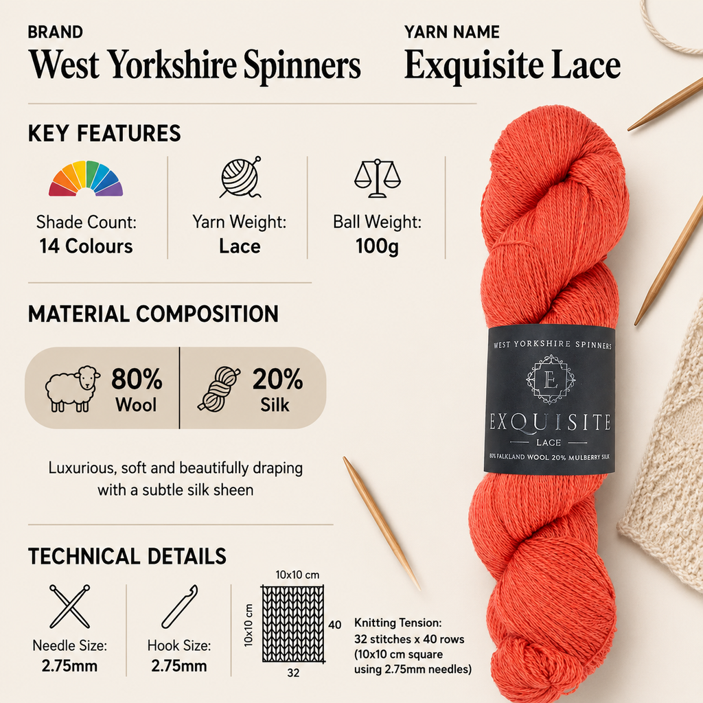 West Yorkshire Spinners Exquisite Lace Yarn - 100g, Luxury Wool & Mulberry Silk Blend Lace-Weight Crochet Knitting Wool Yarn for Shawls, Shrugs & Cardigans
