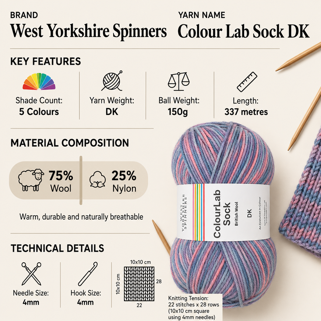 West Yorkshire Spinners Colour Lab Sock DK Yarn - 150g, Luxury British Wool & Nylon Blend Variegated Double Knitting Crochet Yarn for Cozy Socks, Shawls & Sweaters