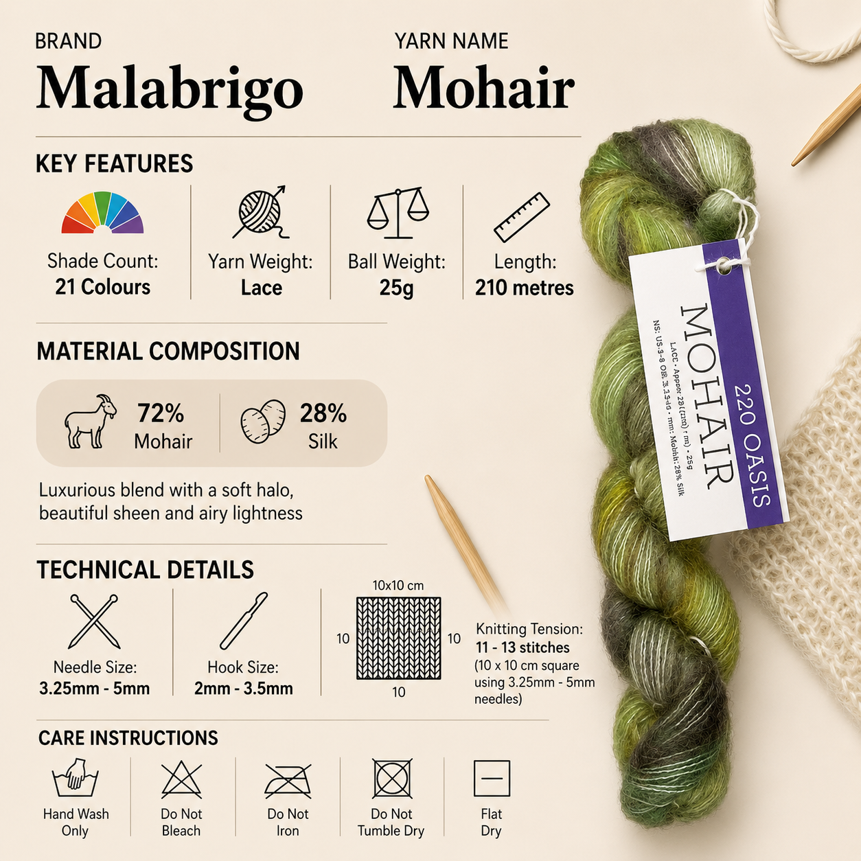 Malabrigo Mohair Luxury Lace Yarn - 25g, Luxury Mohair & Silk Blend, Soft Halo Effect Hand Kettle Dyed Crochet & Knitting Yarn for Shawls, Wraps & Garments