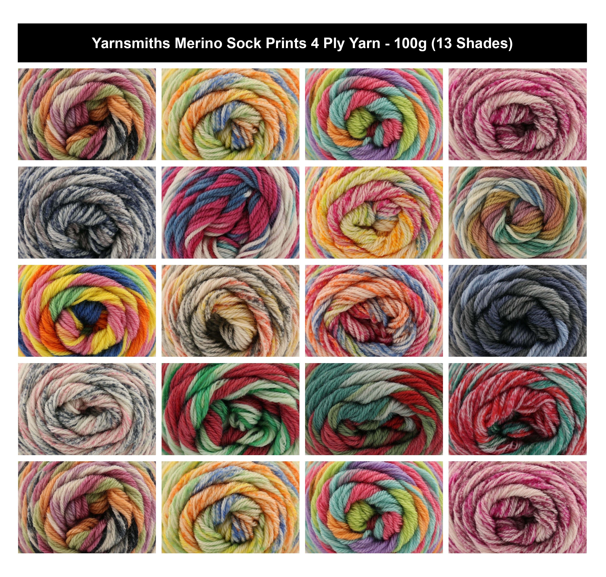 Yarnsmiths Merino Sock Prints 4Ply Yarn - 100g, Luxury Merino Wool Nylon Mix Self-Striping Vibrant Colour Crochet Knitting Sock Yarn for Socks & Baby Garments