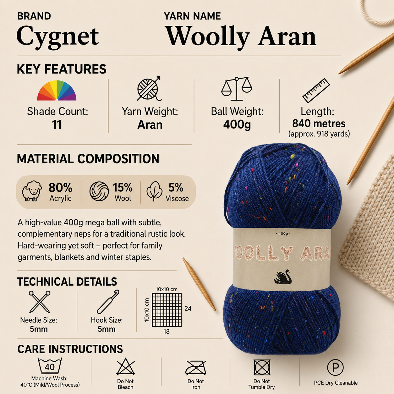 Cygnet Woolly Aran Crochet Yarn - 400g, Acrylic Wool Blend Knitting Yarn for Textured Garments, Accessories, Blankets & Home Projects