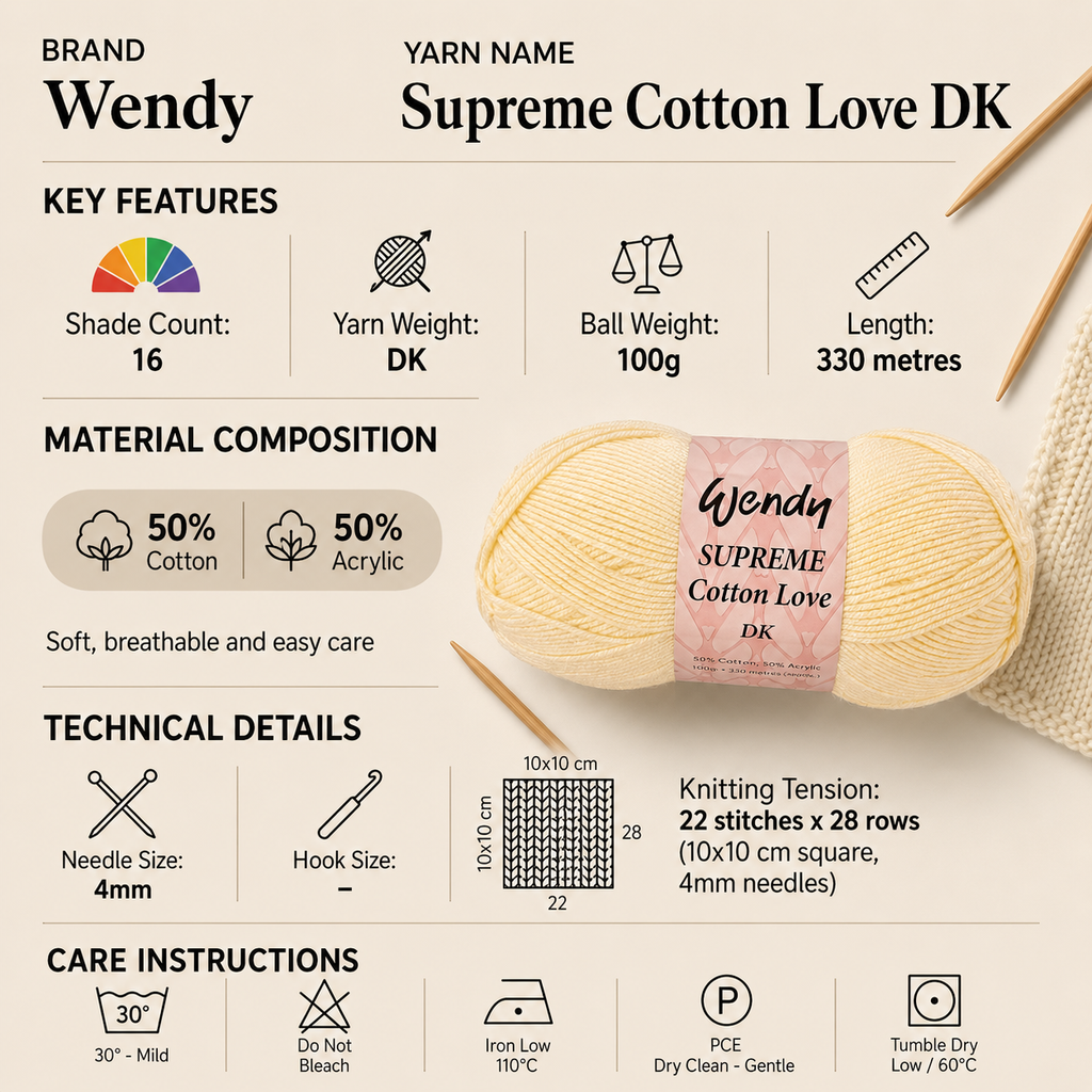Wendy Supreme Cotton Love DK Yarn - 100g, Luxury Acrylic & Cotton Blend Lightweight Double Knitting Crochet Yarn for Summer Garments, Amigurumi & Toys