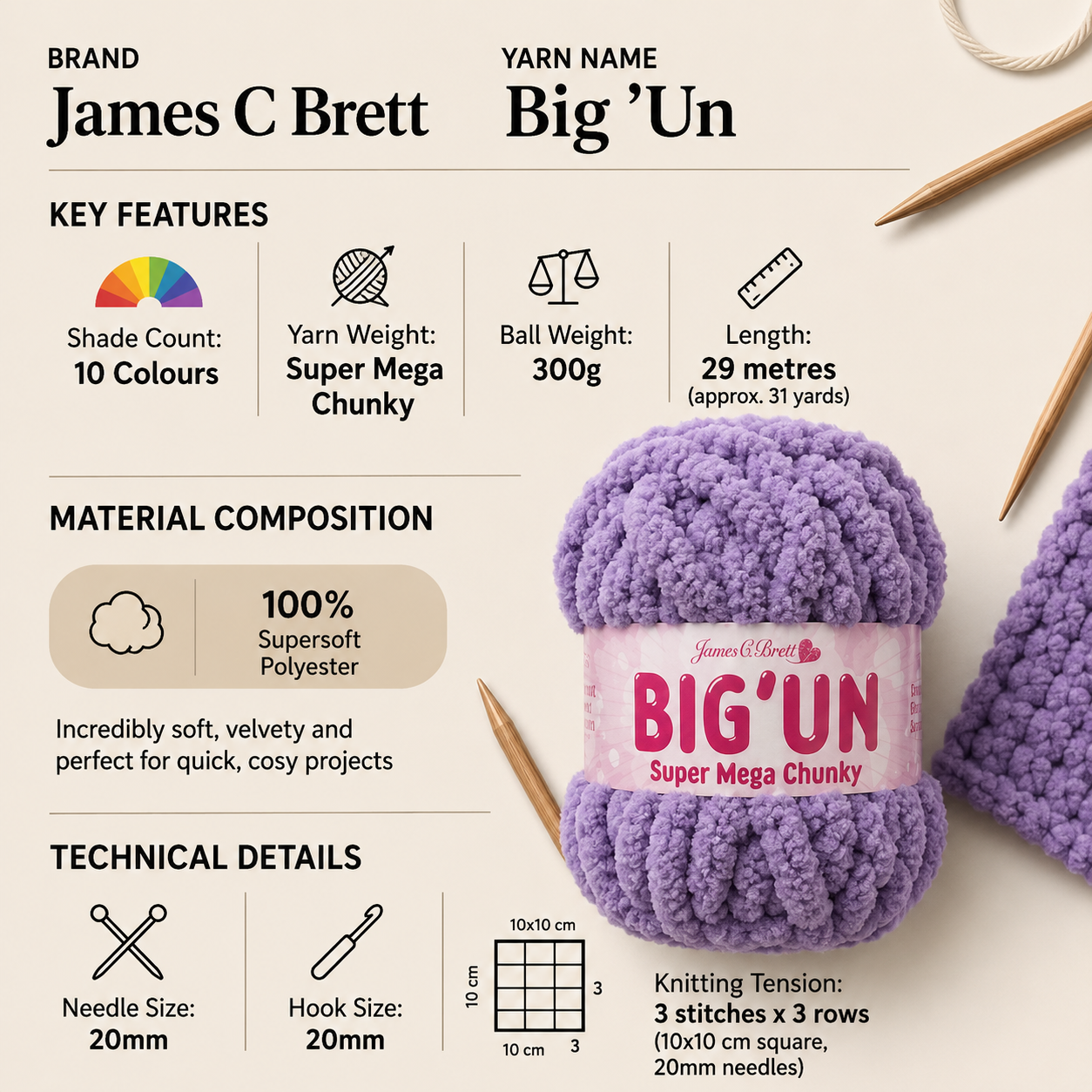 James C Brett Big 'Un Mega Chunky Yarn - 300g, Soft 100% Polyester Chenille Finger Knitting & Crochet Yarn for Cosy Blankets, Scarves, Hats & Home Décor
