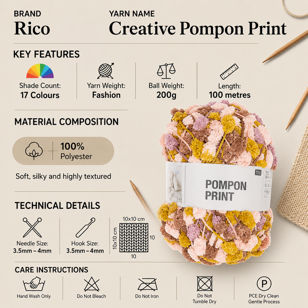 Rico Creative Pompon Print Fashion Yarn - 200G, Luxury 100% Polyester Self Striping Chenille Soft Crochet & Knitting Pom Pom Yarn for Baby Blankets & Toys