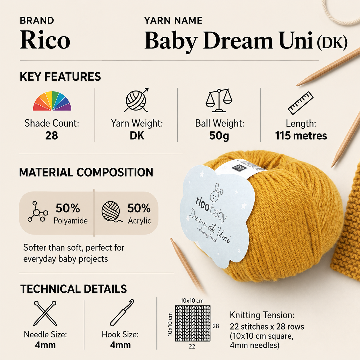 Rico Baby Dream Uni DK Crochet Yarn - 50G, Acrylic Polyamide Blend Solid Pastel Shade Soft Double Knitting Wool Baby Yarn for Garments, Blankets & Toys