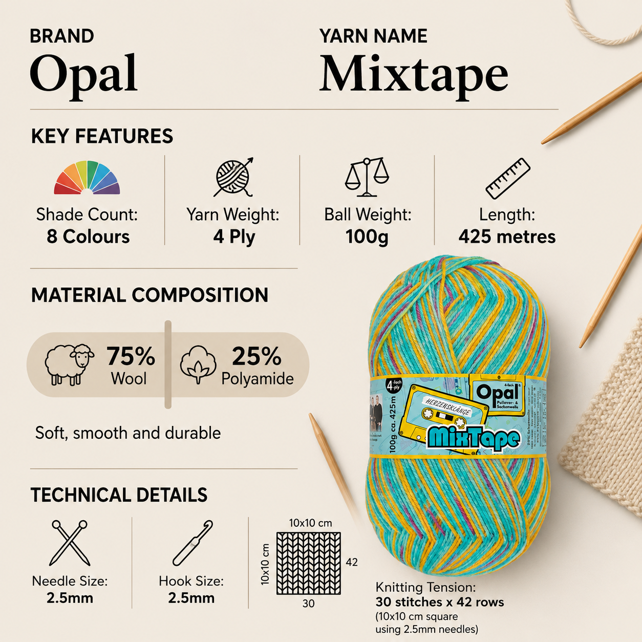 Opal Mixtape 4 Ply Crochet Yarn - 100g, Wool Blend Soft Self-Patterning Knitting Sock Yarn for Gloves, Scarves & Children’s Garments