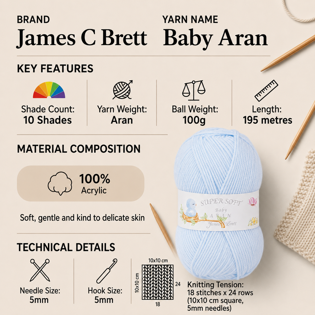 James C Brett Baby Aran Yarn for Crochet - 100g, Soft 100% Acrylic Pastle Shades Knitting Wool for Baby Blankets & Garments