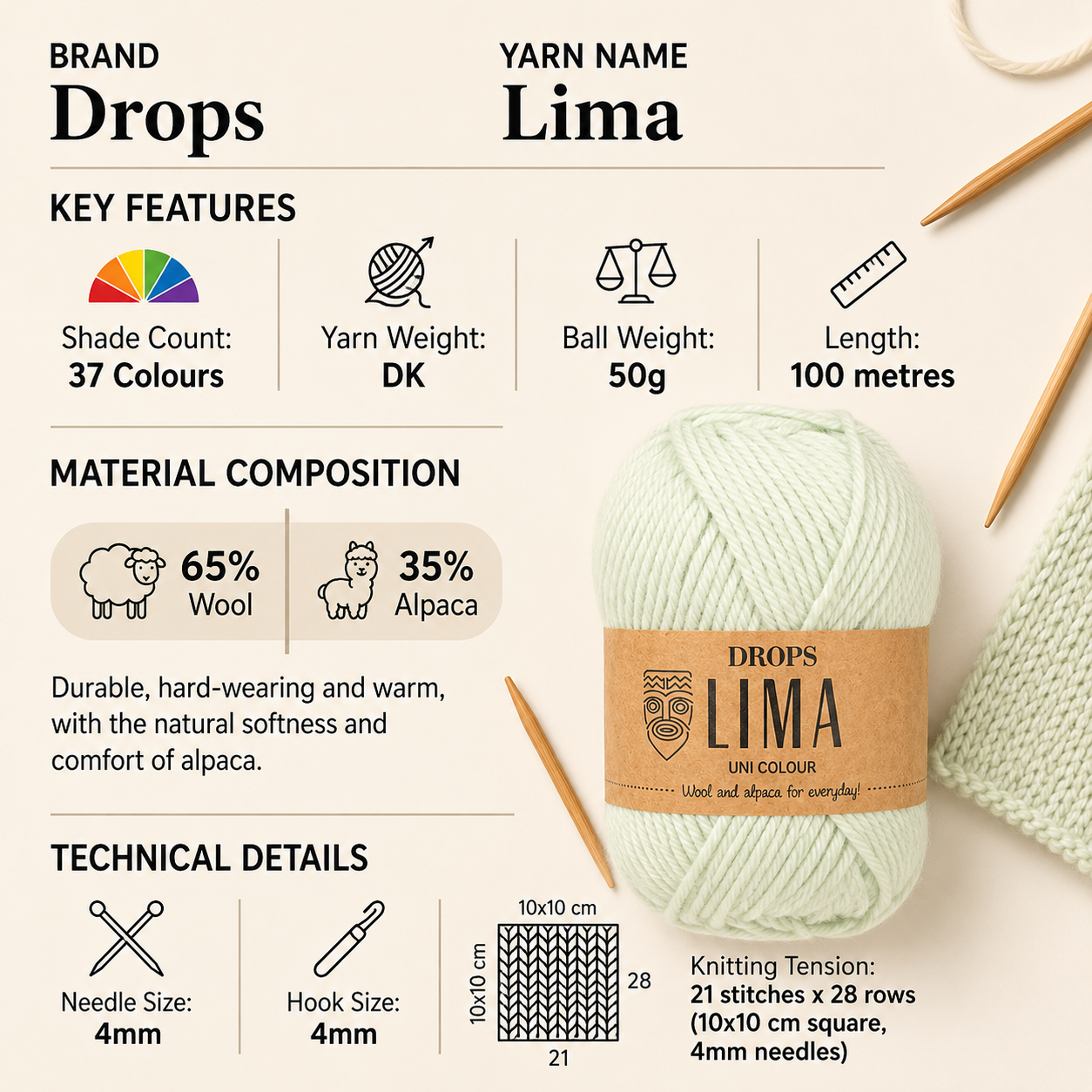 Drops Lima DK Crochet Yarn - 50g, Wool & Alpaca Blend Traditional Lightweight Double Knitting Wool for Garments, Accessories & Everyday Wear