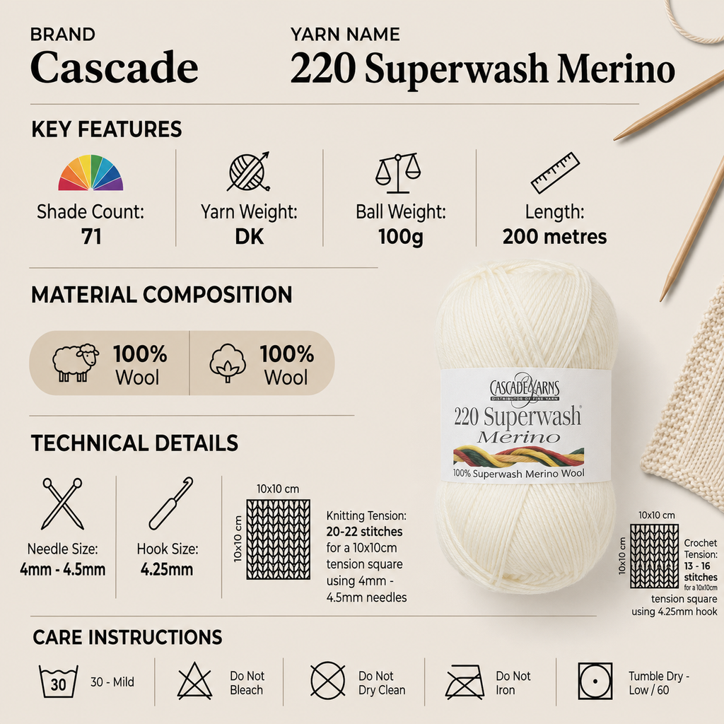Cascade 220 Superwash Merino DK Yarn - 100g, 100% Merino Wool Soft Lightweight Double Knitting Wool Yarn for Crochet Blankets, Garments & Accessories