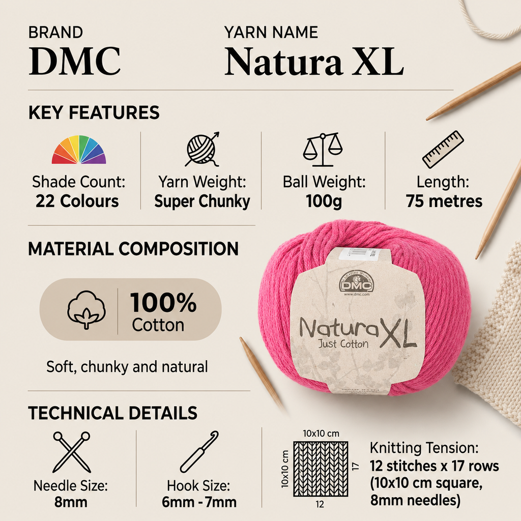DMC Natura XL Super Chunky Yarn for Crochet - 100g, 100% Cotton Light & Flexible Texture Knitting Yarn for Accessories & Home Decoration