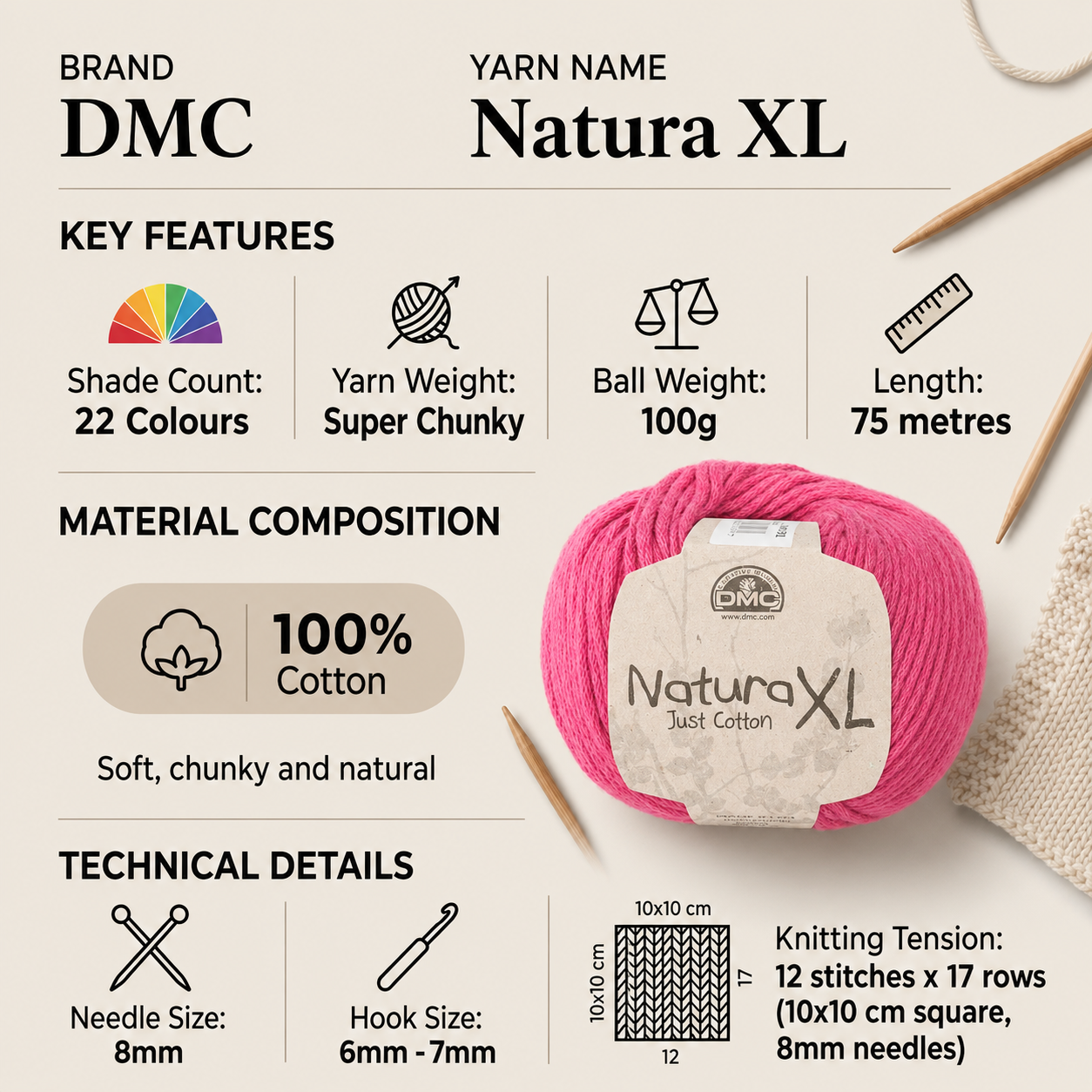 DMC Natura XL Super Chunky Yarn for Crochet - 100g, 100% Cotton Light & Flexible Texture Knitting Yarn for Accessories & Home Decoration
