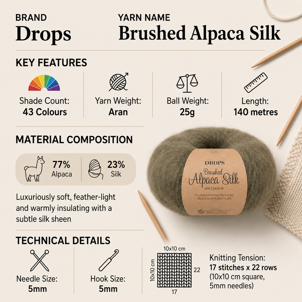 Drops Brushed Alpaca Silk Aran Yarn - 25g, Alpaca & Silk Blend Luxury Fluffy Halo Texture Knitting Wool for Crochet Sweaters, Shawls & Accessories