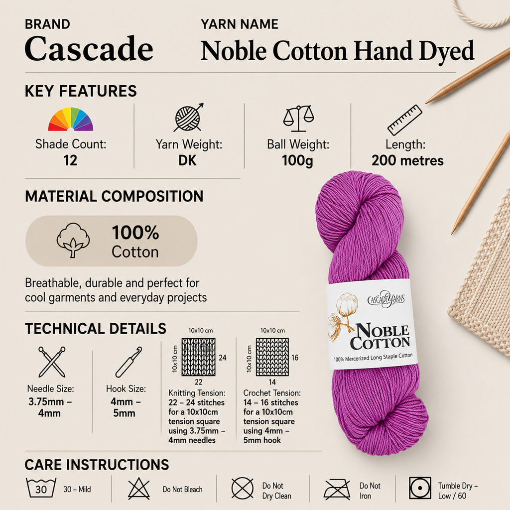 Cascade Noble Cotton Hand Dyed DK Yarn - 100g, 100% Mercerized Cotton Hand Dyed Variegated Double Knitting Crochet Yarn for Garments, Baby Clothes & Accessories