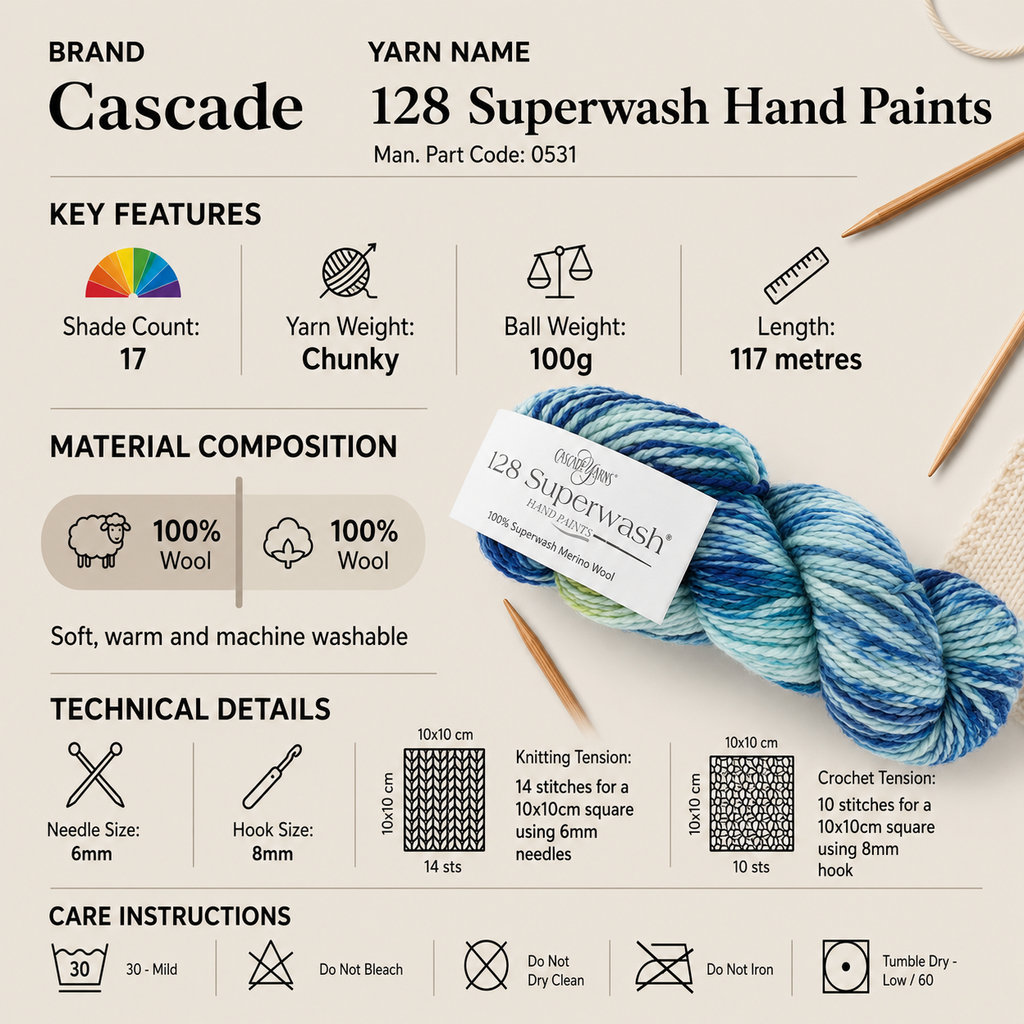Cascade 128 Superwash Hand Paints Chunky Yarn - 100g, Luxury 100% Merino Wool Variegated Hand Painted Knitting Wool Yarn for Crochet Garments, Cushions & Blankets
