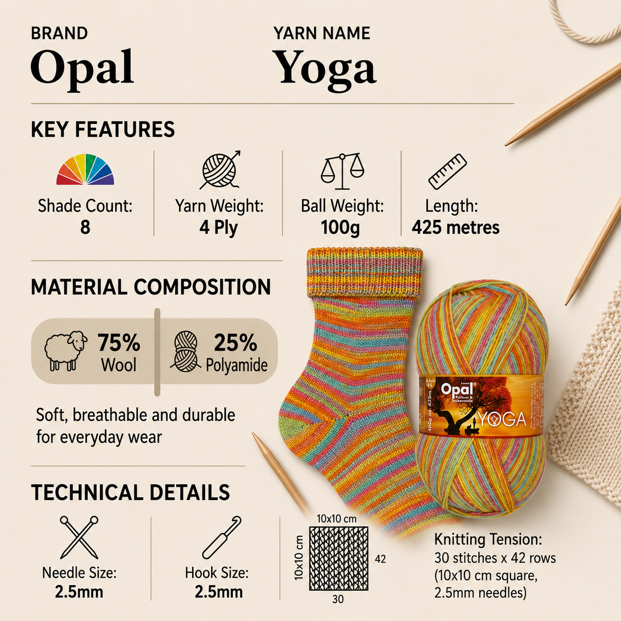 Opal Yoga 4 Ply Sock Yarn - 100g, Wool Blend Breathable Self-Patterning Crochet Knitting Wool Yarn for Striped Gloves, Garments & Accessories