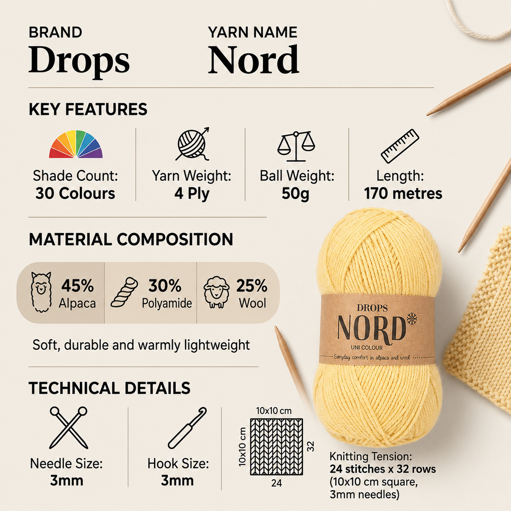 Drops Nord 4 Ply Crochet Yarn - 50g, Peruvian Wool, Alpaca & Polyamide Blend Soft Lightweight Knitting Wool for Colourwork Garments & Accessories