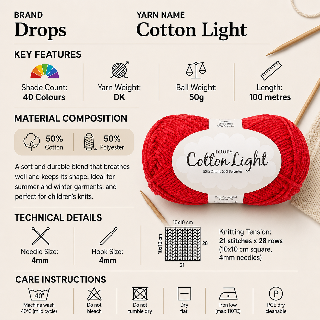 Drops Cotton Light DK Yarn for Crochet - 50g, Cotton & Polyester Blend Lightweight Double Knitting Wool with Smooth Stitch Definition for Garments & Accessories