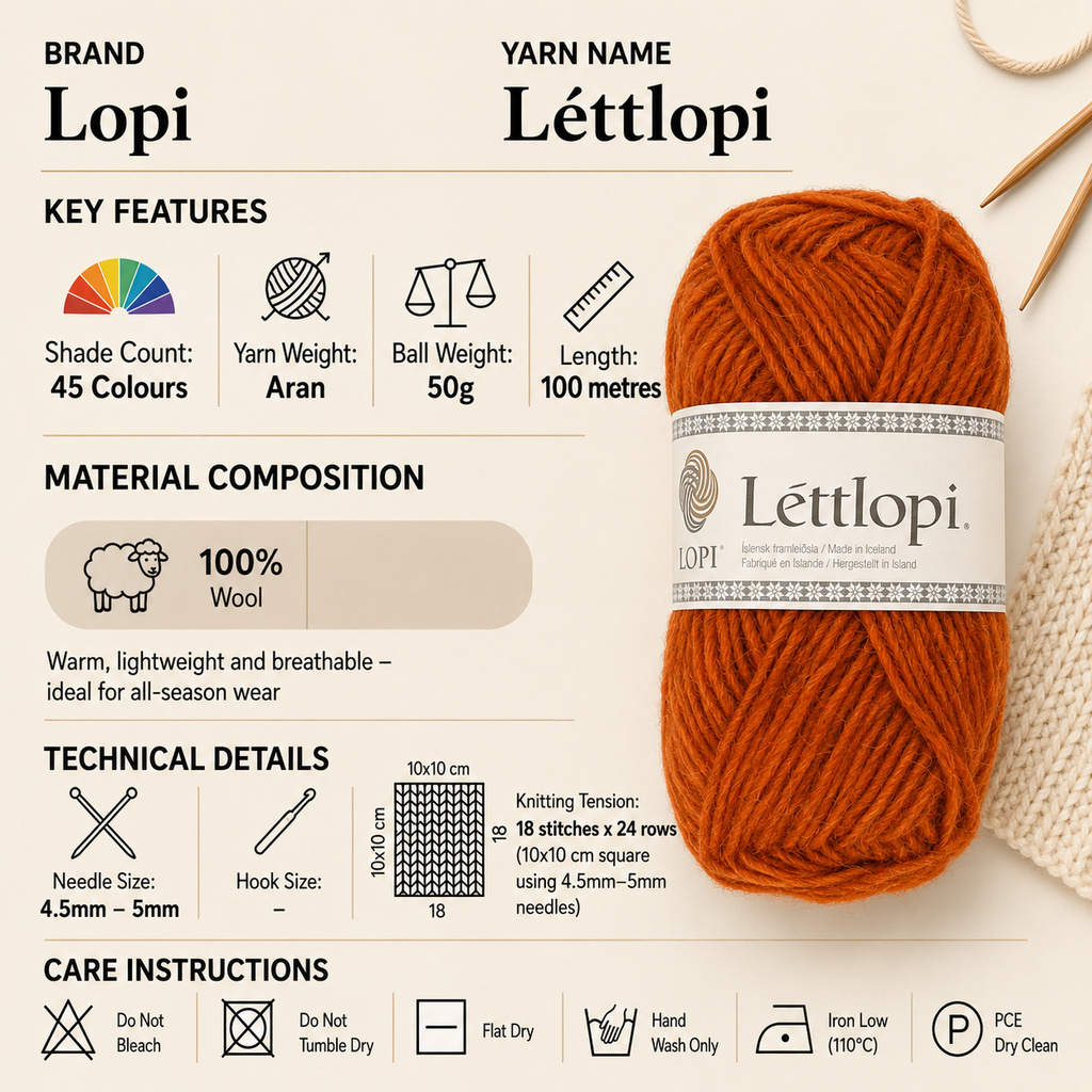 Lopi Lettlopi Aran Crochet Yarn - 50g, 100% Icelandic Wool Rustic Breathable Nordic Pattern Knitting Wool for Scandinavian Colourwork & Winter Garments