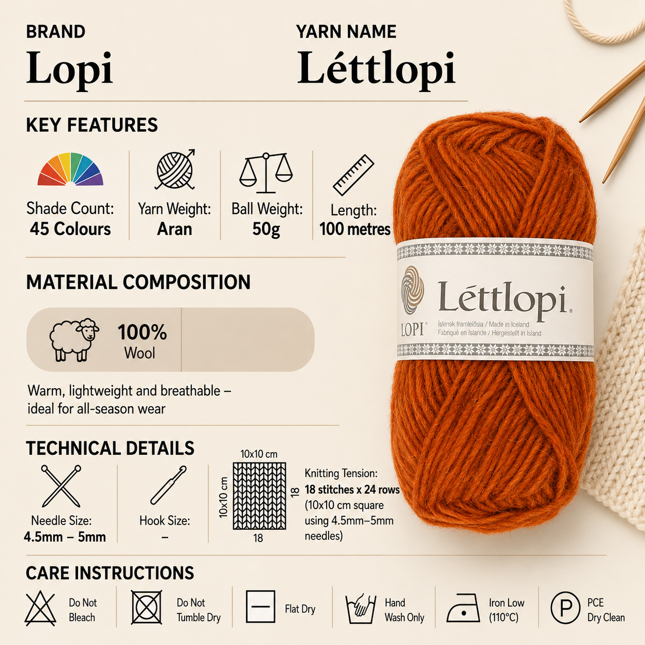Lopi Lettlopi Aran Crochet Yarn - 50g, 100% Icelandic Wool Rustic Breathable Nordic Pattern Knitting Wool for Scandinavian Colourwork & Winter Garments