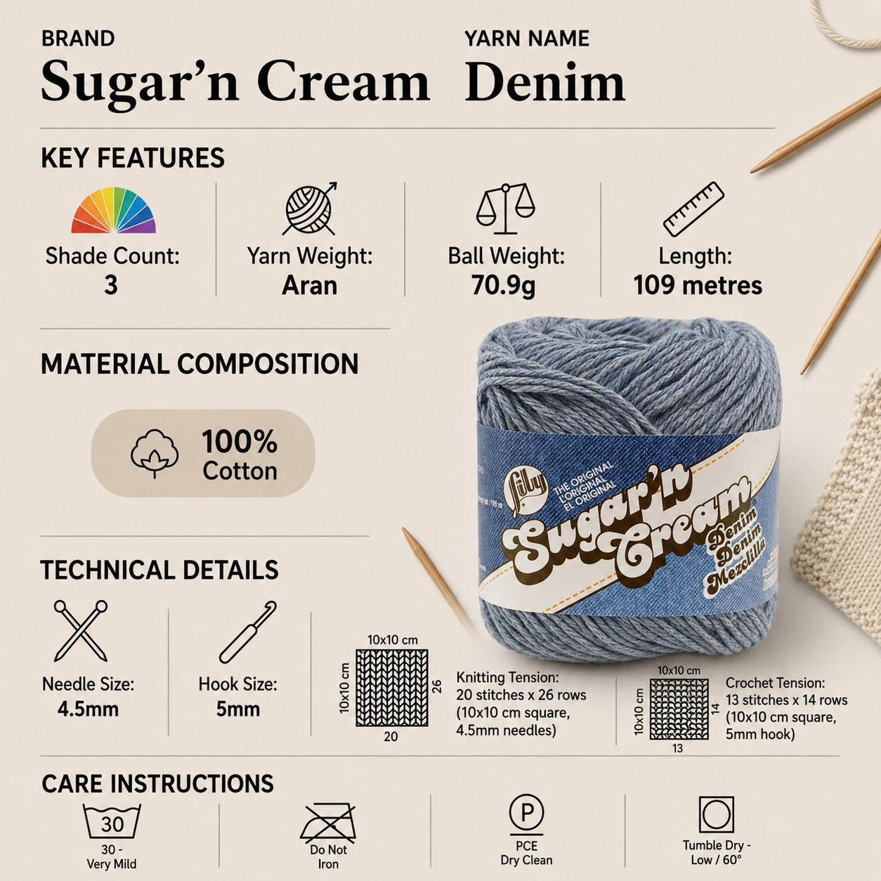 Sugar N Cream Solids Crochet Yarn - 70.9g, 100% Cotton Soft Worsted Everyday Knitting Wool for Dishcloths, Kitchen Accessories, Bags, Blankets & Home Décor