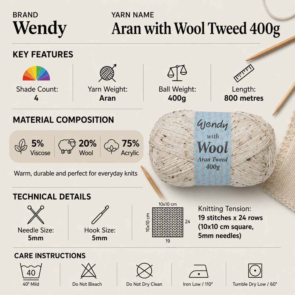 Wendy Aran with Wool Tweed Crochet Yarn - 400g, Luxury Acrylic, Wool & Viscose Blend Colorful Tweed Neps Jumbo Knitting Yarn for Jumper, Sweaters & Cardigan