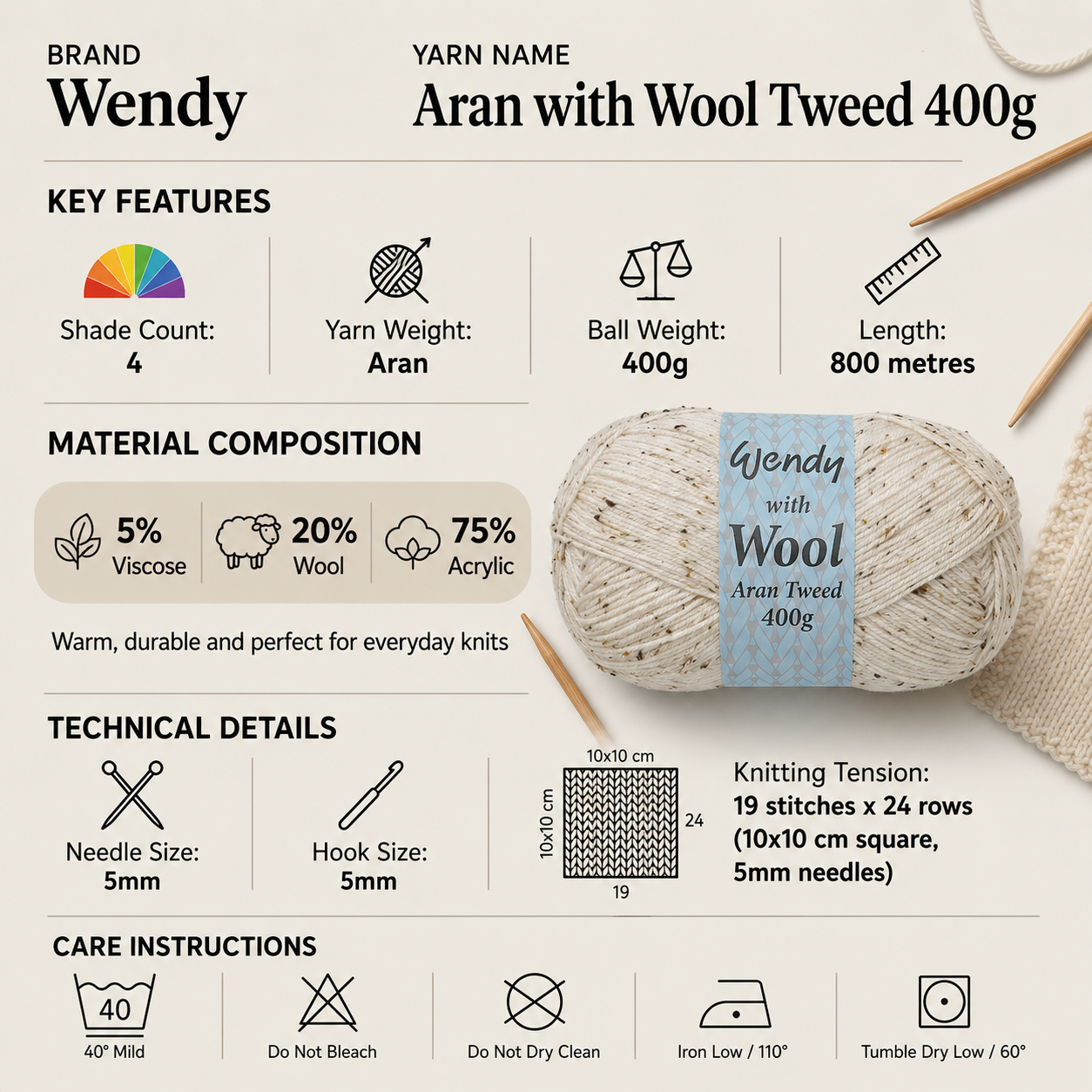 Wendy Aran with Wool Tweed Crochet Yarn - 400g, Luxury Acrylic, Wool & Viscose Blend Colorful Tweed Neps Jumbo Knitting Yarn for Jumper, Sweaters & Cardigan