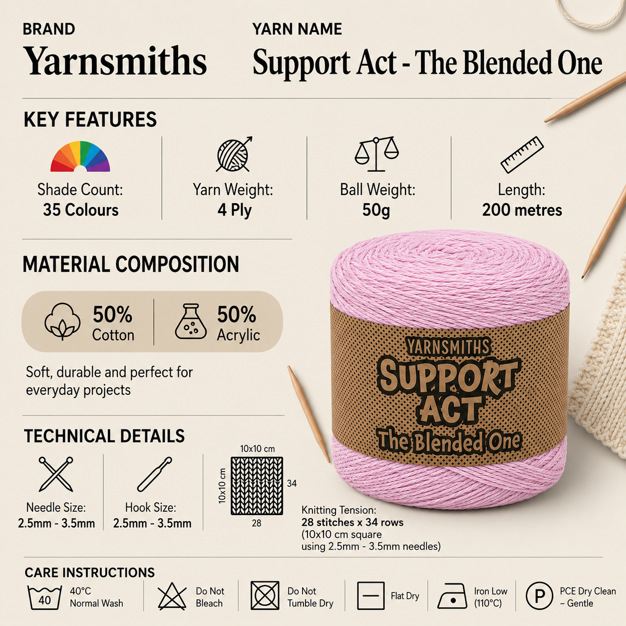 Yarnsmiths Support Act The Blended One 4 Ply Yarn - 50g, Cotton & Acrylic Blend Soft Twisted Lightweight Crochet Knitting Yarn Cake for Summer Shawls & Garments