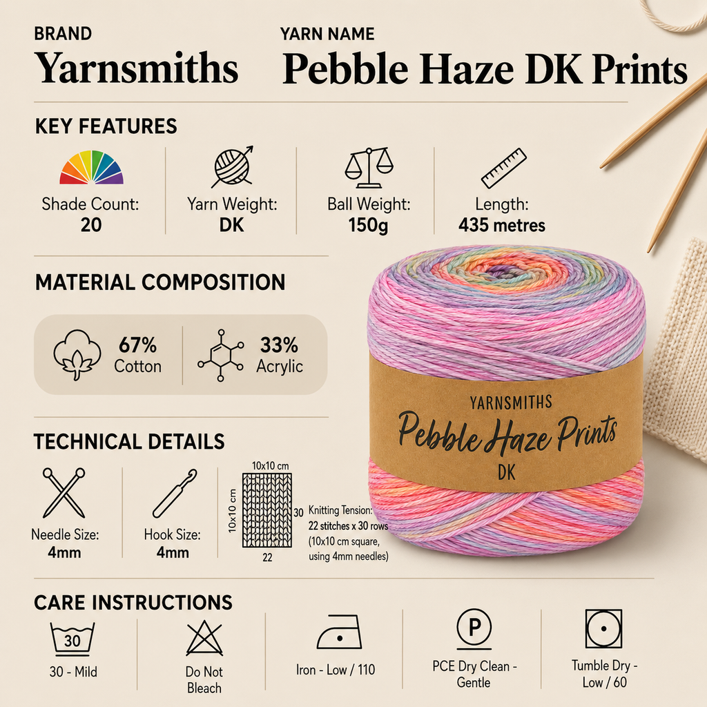 Yarnsmiths Pebble Haze DK Prints Yarn - 150g, Cotton Acrylic Blend Variegated Stonewashed Soft Double Knitting Crochet Yarn Cake For Blankets and Garments