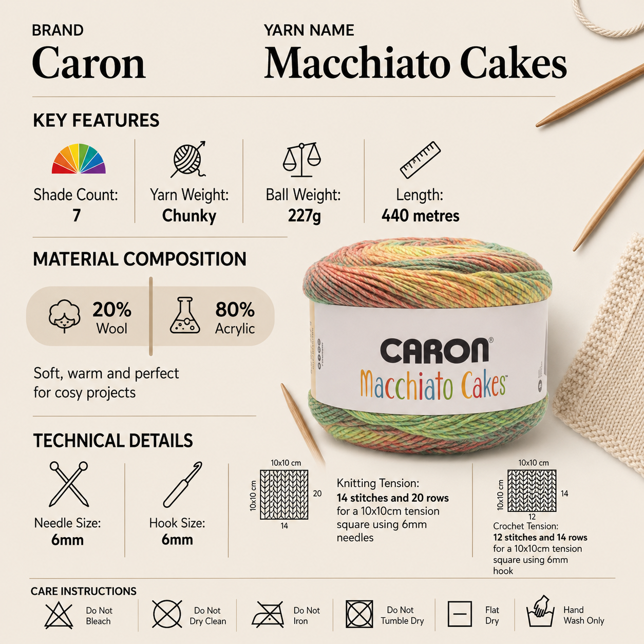 Caron Macchiato Cakes Chunky Crochet Yarn - 227g, Acrylic Wool Blend Creamy Tones Gradient Knitting for Blankets, Home Accessories, Jumpers & Warm Scarves