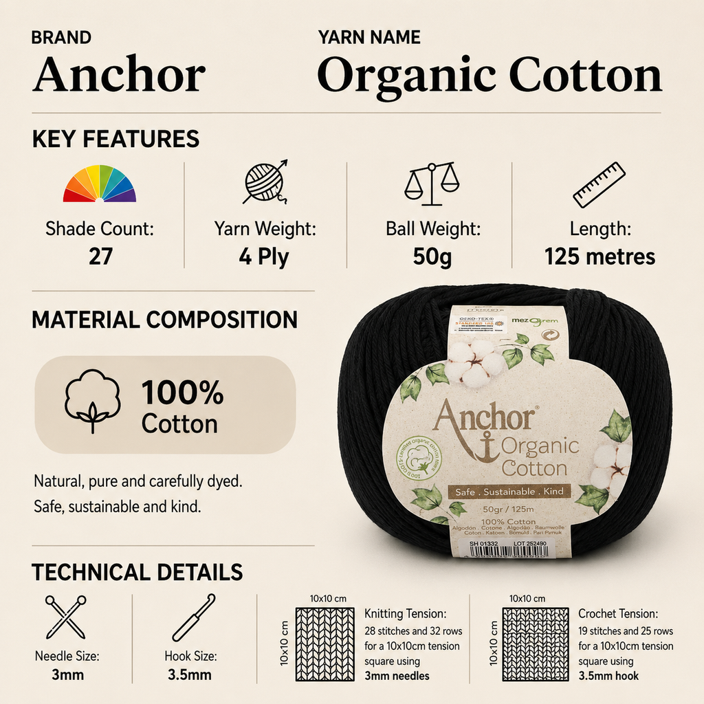 Anchor Organic Cotton 4 Ply Crochet Yarn - 50g, Soft 100% Cotton Matt Finish Knitting Yarn for Garments Accessories & Decorative Home Items