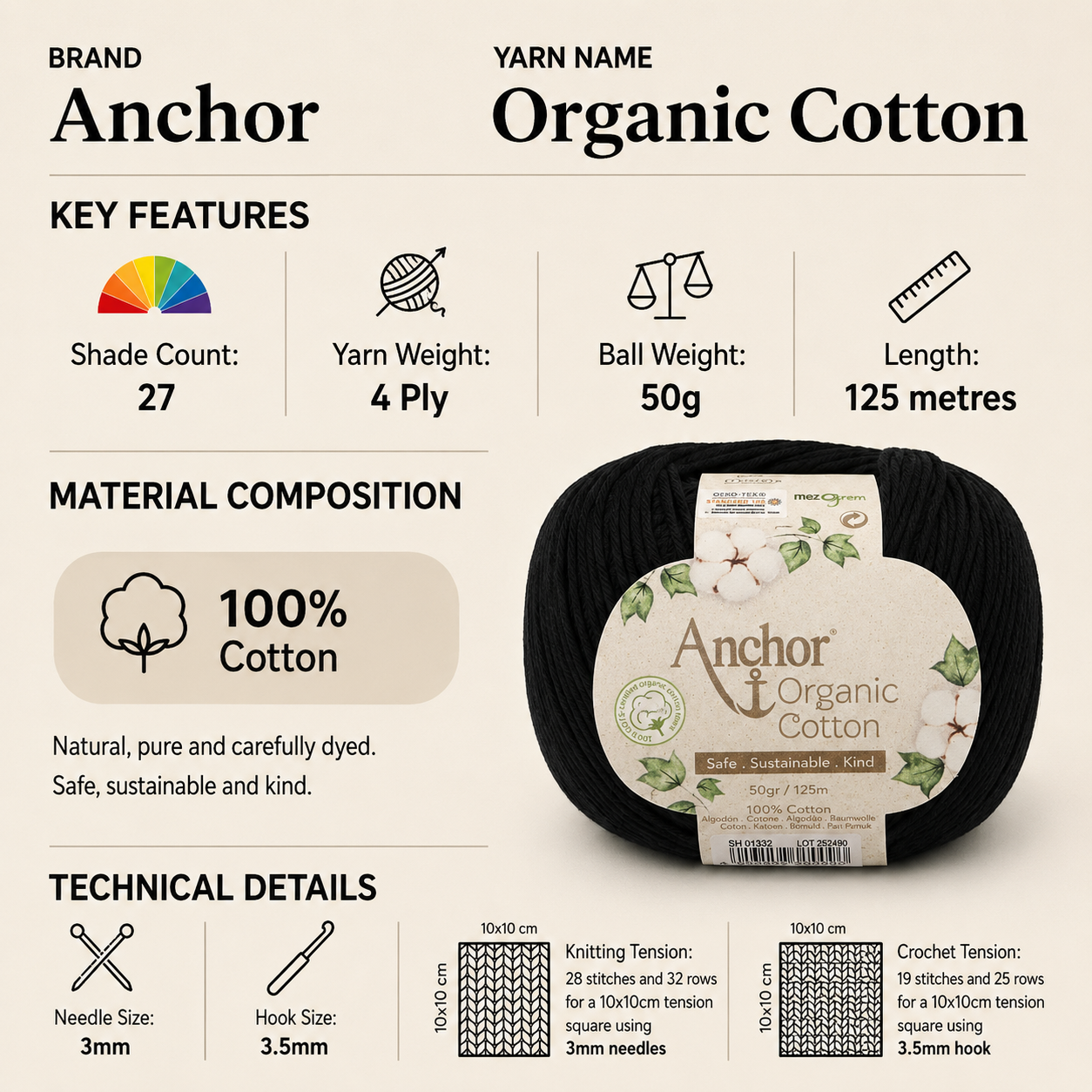 Anchor Organic Cotton 4 Ply Crochet Yarn - 50g, Soft 100% Cotton Matt Finish Knitting Yarn for Garments Accessories & Decorative Home Items